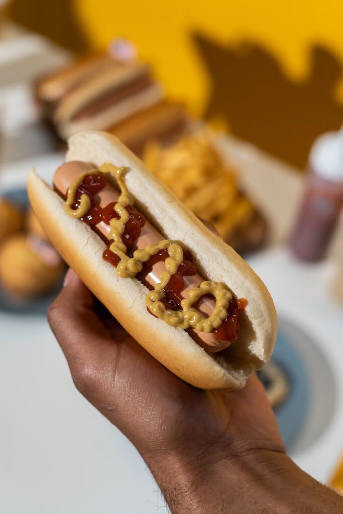 pexels photo 4676409 4676409 A hot dog covered in mustard and ketchup held against a colorful background.